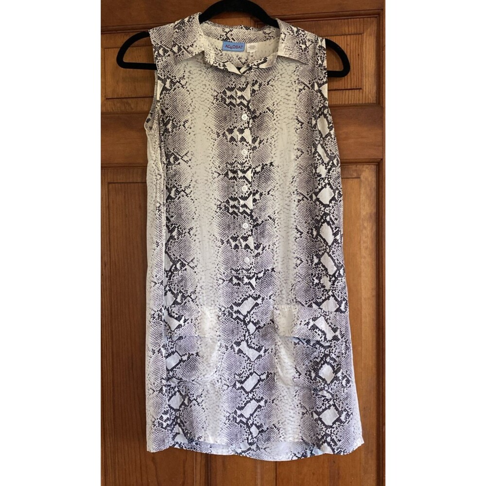 Acrobat Womens S Silk Sleeveless Snake Print Dress Button Front Pockets Collared